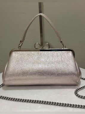 Metallic Pink Genuine Leather Handmade “Bow” Shaped Kisslock Baguette Bag